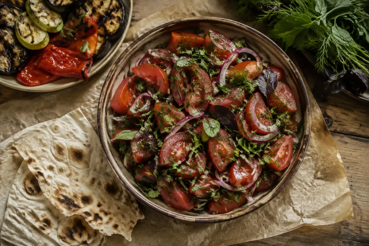 Georgischer Tomatensalat mit Grillgemüse, Kräutern und Lavash